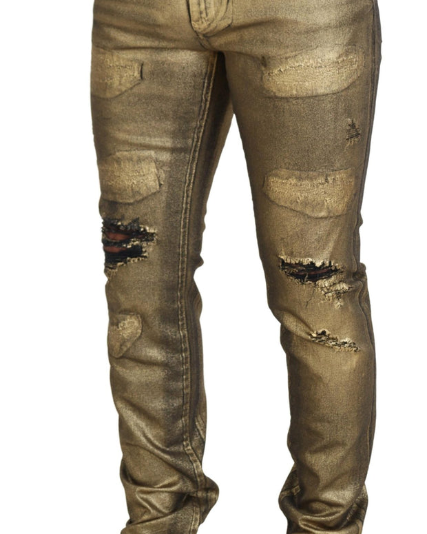 Gold Cotton Tattered Skinny Men Denim Jeans