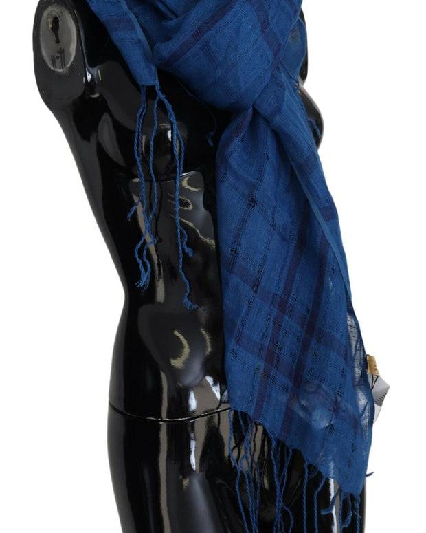 Chic Linen Fringed Scarf in Blue Checkered