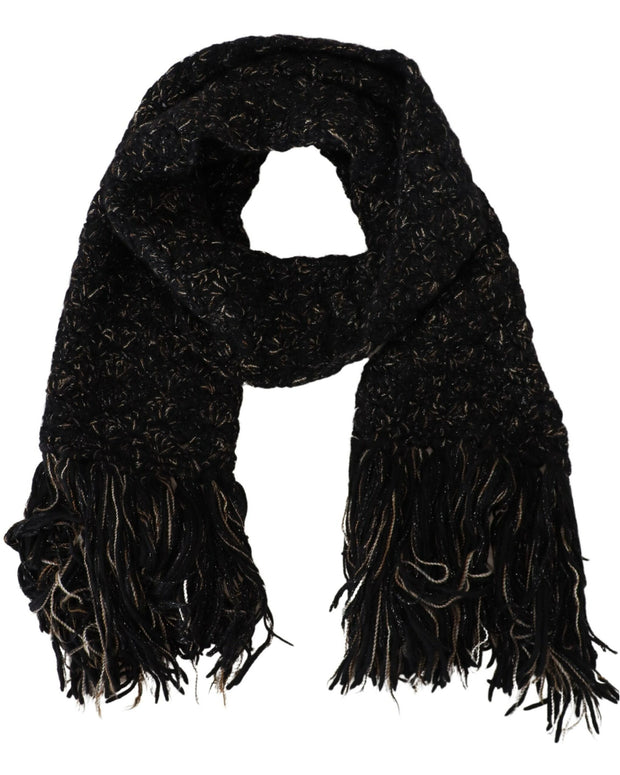 Black Wool Knitted Wrap Foulard Fringe Scarf