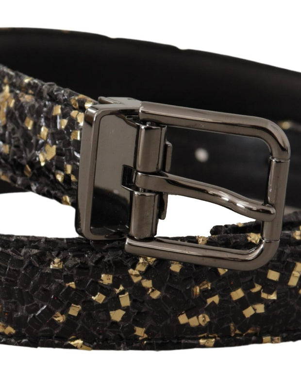Gold Black Two-toned Leather Chrome Buckle Belt