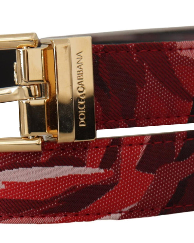 Red Jacquard Rose Leather Gold Metal Buckle Belt