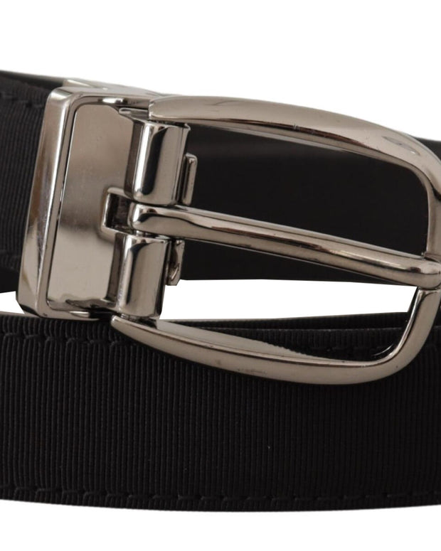 Black Grosgrain Leather Silver Logo Buckle Belt