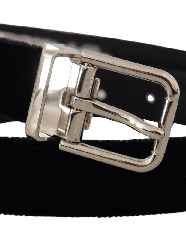 Black Velvet Silver Tone Metal Logo Buckle Belt