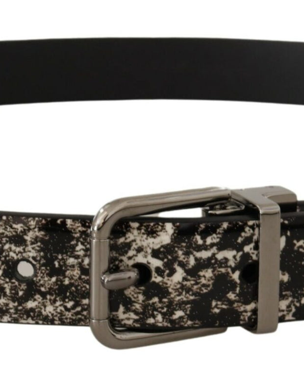 Black Marble Print Leather Silver Logo Buckle Belt