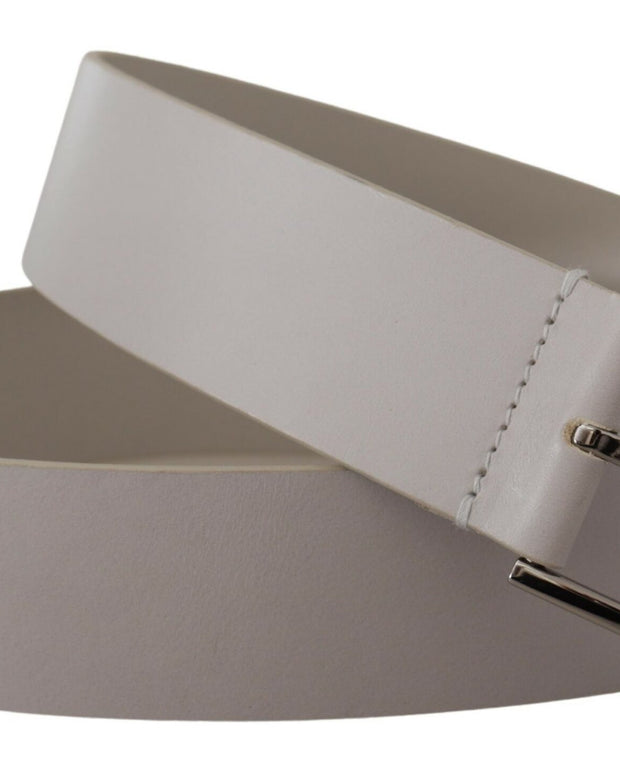 White Leather Wide Silver Metal Buckle Belt
