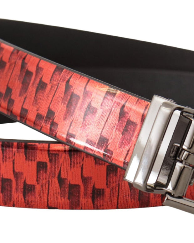 Red Herringbone Leather Gray Tone Buckle Belt