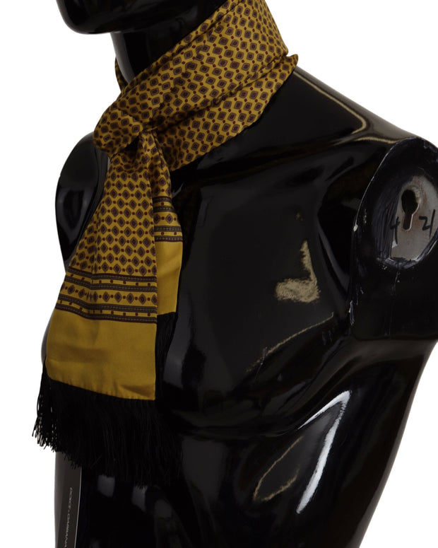 Yellow Patterned Silk Neck Wrap Fringe Scarf