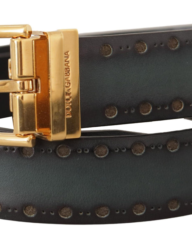 Green Perforated Leather Brass Metal Belt