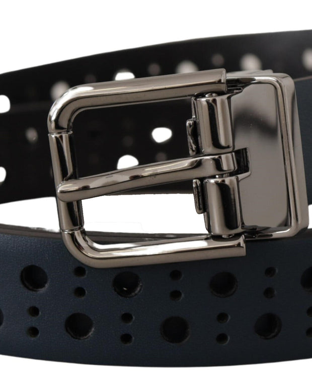 Navy Blue Perforated Leather Skinny Metal Buckle Belt