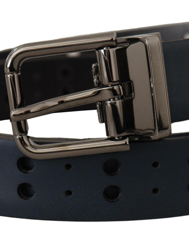 Blue Perforated Skinny Leather Metal Buckle Belt