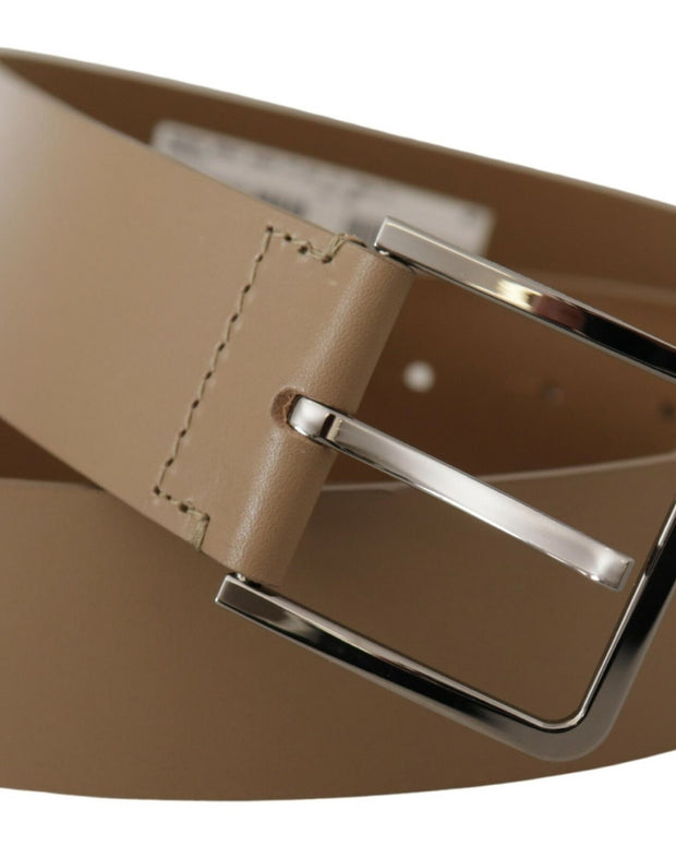 Beige Calf Leather Wide Silver Metal Belt