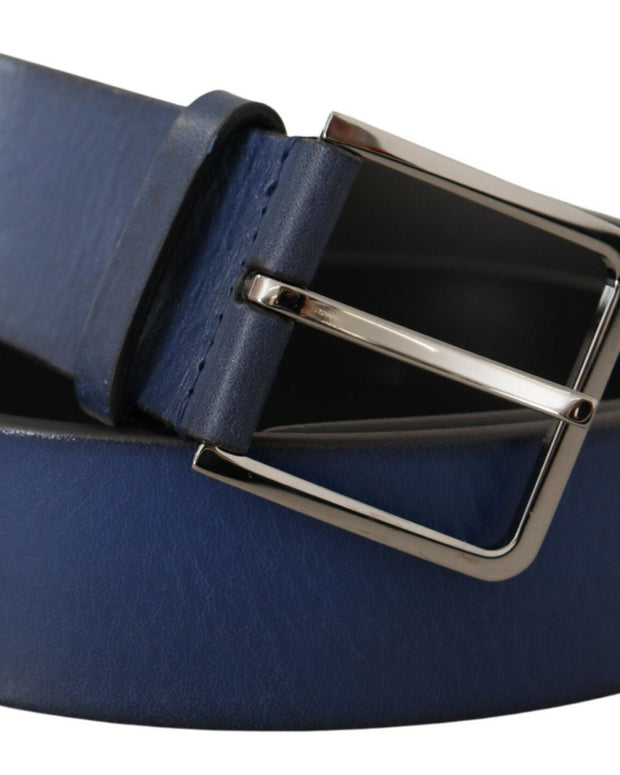 Blue Calf Leather Silver Metal Buckle Classic Belt
