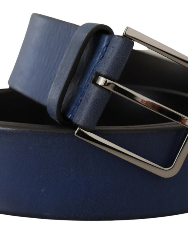 Blue Calf Leather Silver Metal Buckle Classic Belt
