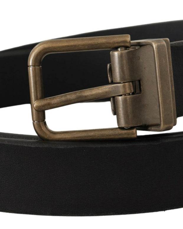 Black Leather Brass Metal Grain Buckle Classic Belt
