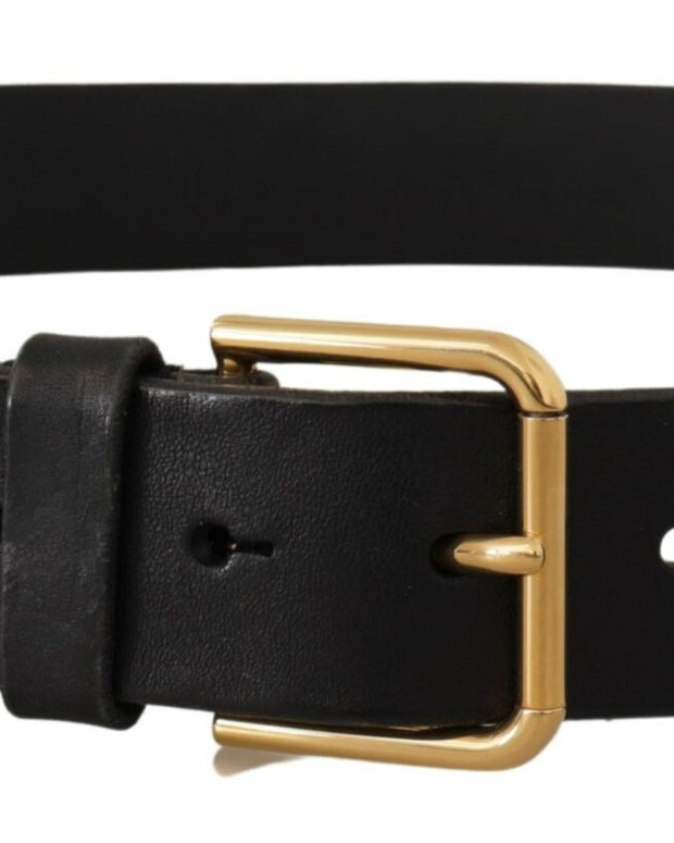 Black Leather Gold Tone Logo Metal Buckle Belt