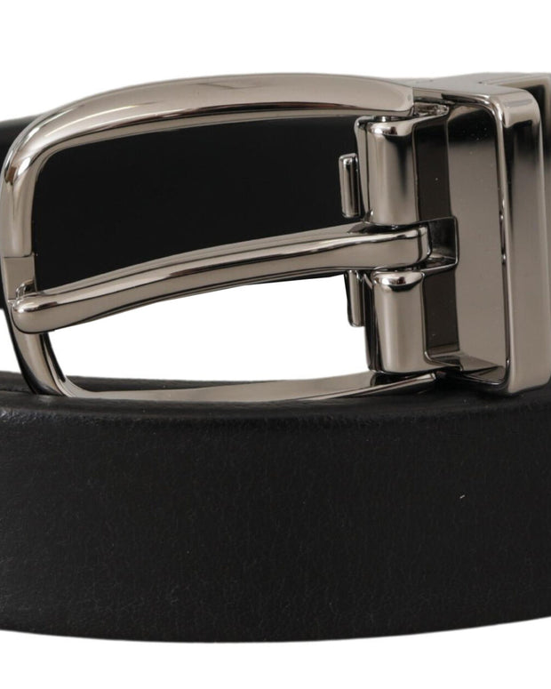Black Leather Silver Chrome Metal Logo Buckle Belt