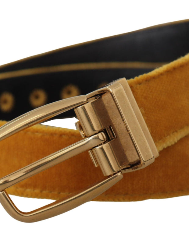 Mustard Velvet Gold Logo Engraved Metal Buckle Belt