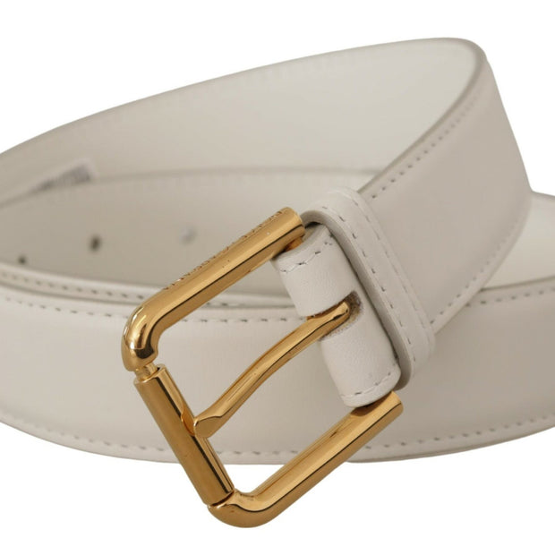 Chic White Leather Belt with Gold Engraved Buckle