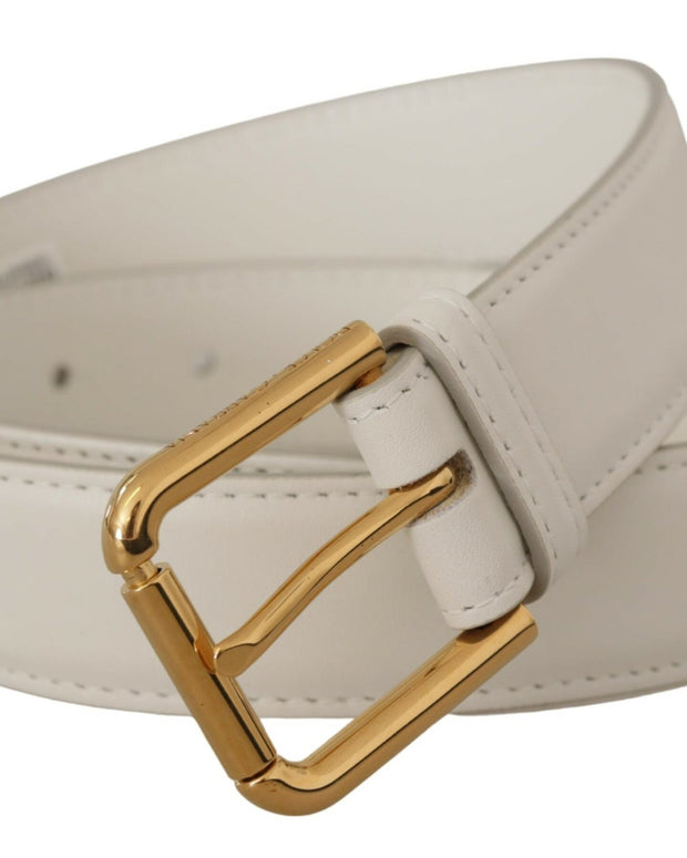 White Calf Leather Gold Tone Logo Metal Buckle Belt