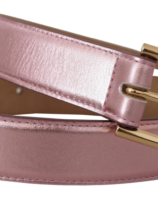 Metallic Pink Polished Leather Logo Metal Buckle Belt