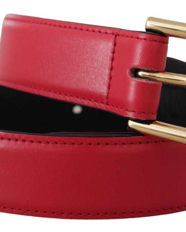 Red Calf Leather Gold Tone Logo Metal Buckle Belt