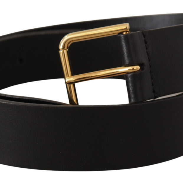 Elegant Black Leather Belt with Gold-Tone Buckle