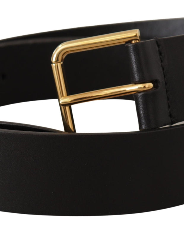 Black Calf Leather Gold Tone Logo Metal Buckle Belt