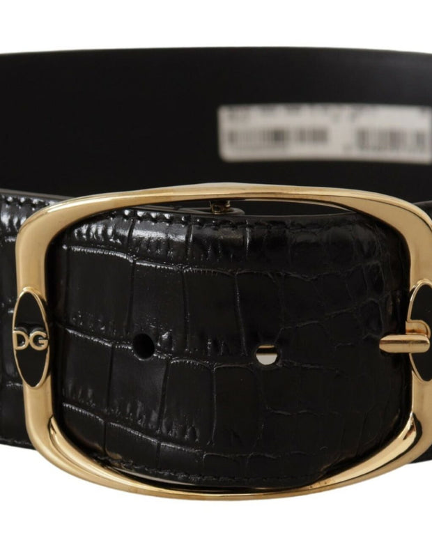 Black Crocodile Print Gold Metal DG Logo Buckle Belt