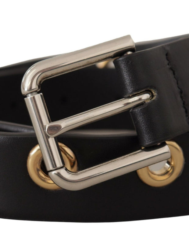 Black Leather Eyelet Silver Tone Metal Buckle Belt