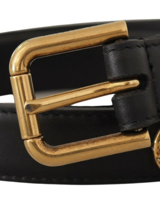 Black Leather Embellished Crystal Logo Belt