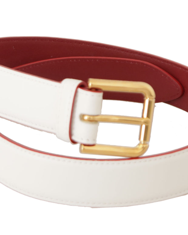 White Calf Leather Two-Toned Gold Metal Buckle Belt