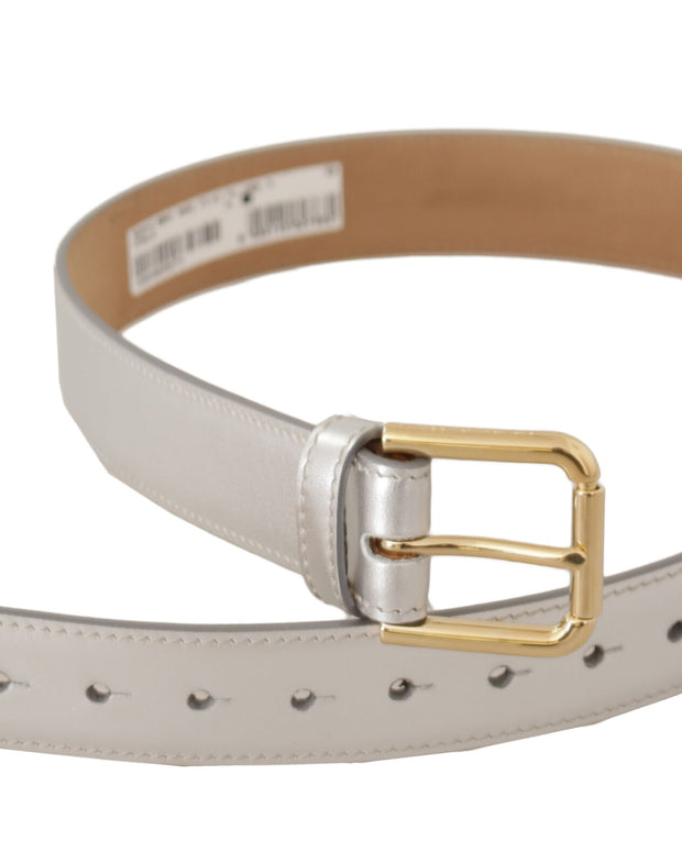 Silver Leather Gold Tone Logo Metal Buckle Belt