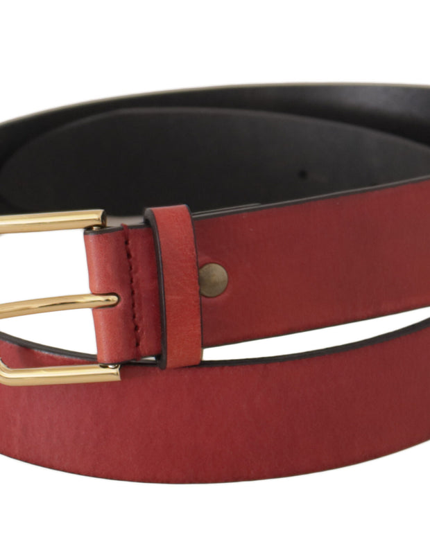 Red Leather Gold Logo Engraved Metal Buckle Belt