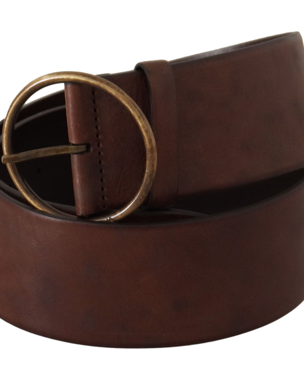 Dark Brown Wide Waist Leather Metal Round Buckle Belt