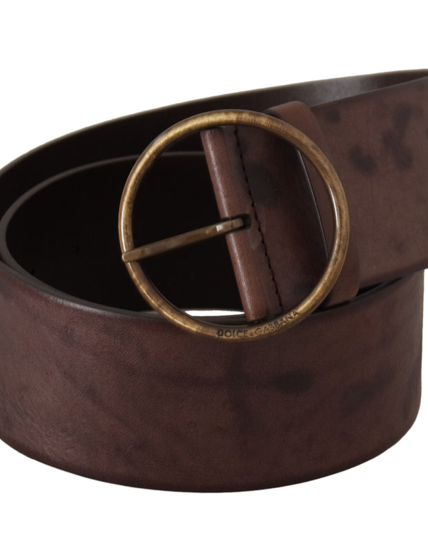 Dark Brown Wide Calf Leather Logo Round Buckle Belt