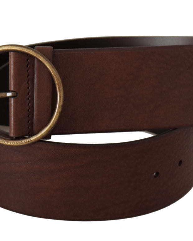 Brown Leather Wide Waist Logo Metal Round Buckle Belt