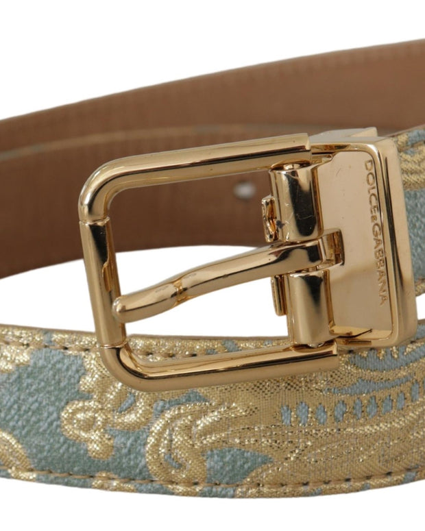 Blue Leather Jacquard Embossed Gold Metal Buckle Belt