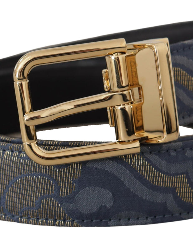 Navy Blue Jacquard Gold Tone Logo Metal Buckle Belt