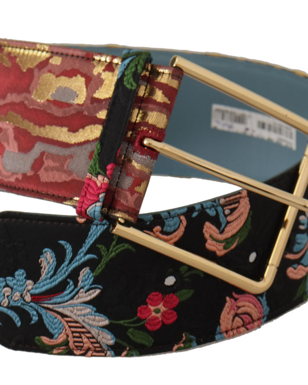 Multicolor Embroidered Leather Gold Metal Buckle Belt