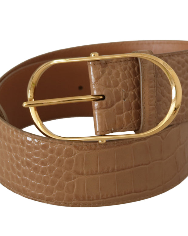 Brown Beige Leather Gold Metal Oval Buckle Belt