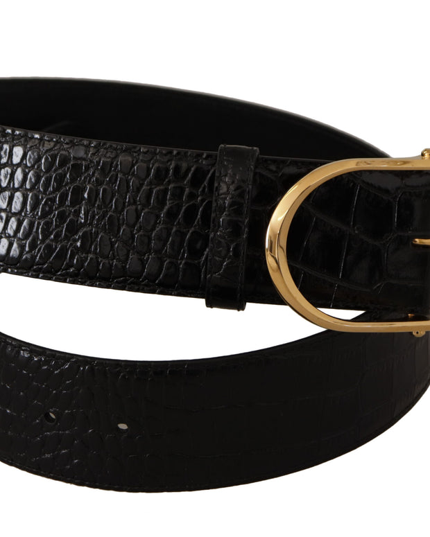 Black Embossed Leather Gold Tone Metal Buckle Belt