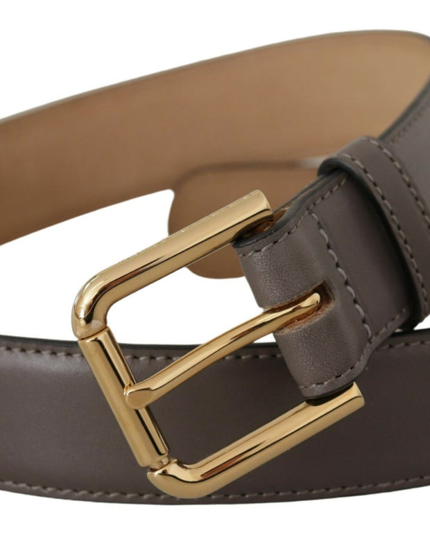 Gray Calfskin Leather Gold Metal Logo Buckle Belt
