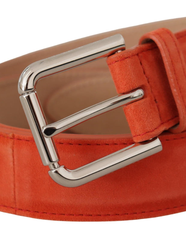 Orange Leather Suede Silver Logo Metal Buckle Belt