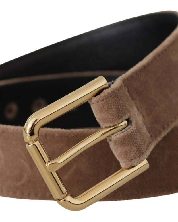 Light Brown Velvet Gold Tone Logo Metal Buckle Belt
