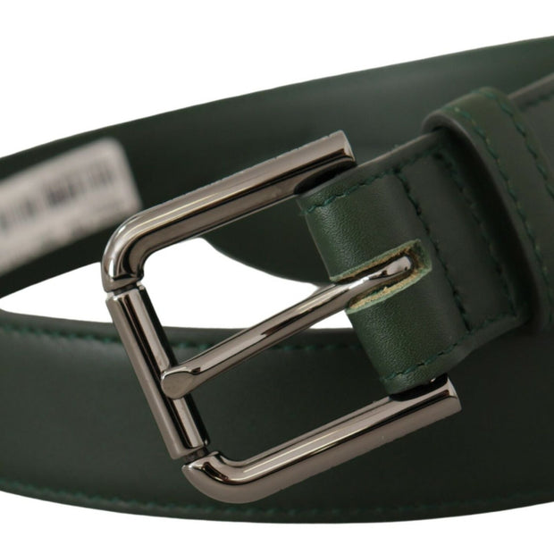 Elegant Dark Green Leather Belt with Logo Buckle