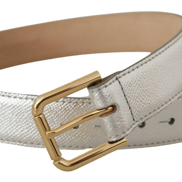 Elegant Silver Leather Belt with Engraved Buckle