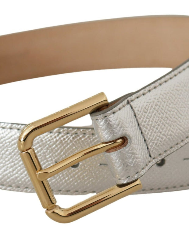 Silver Leather Gold Tone Logo Metal Waist Buckle Belt
