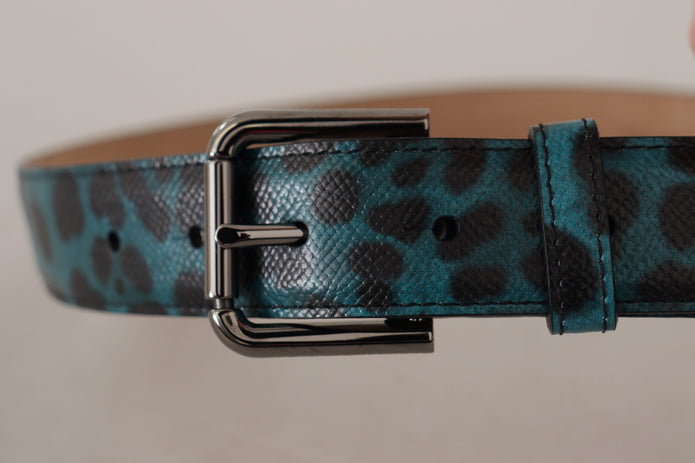 Engraved Logo Leather Belt in Blue Green