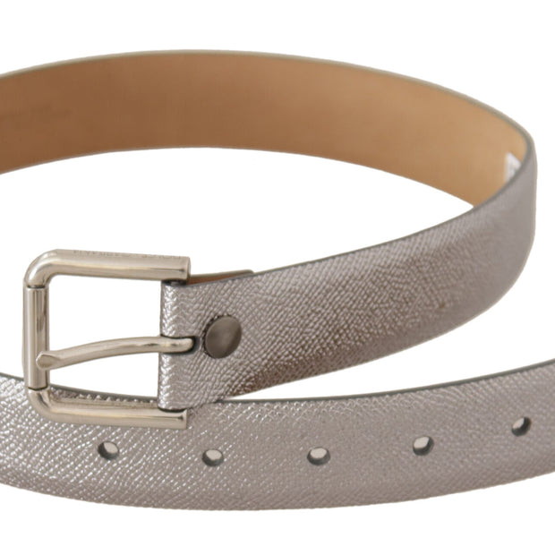 Elegant Silver Leather Belt with Engraved Buckle