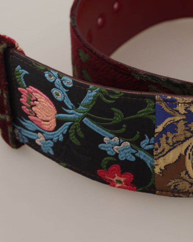 Red Embroidered Leather Gold Logo Metal Buckle Belt